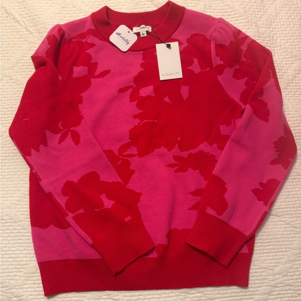 Sugarlips Vibrant Red and Pink Floral Sweater